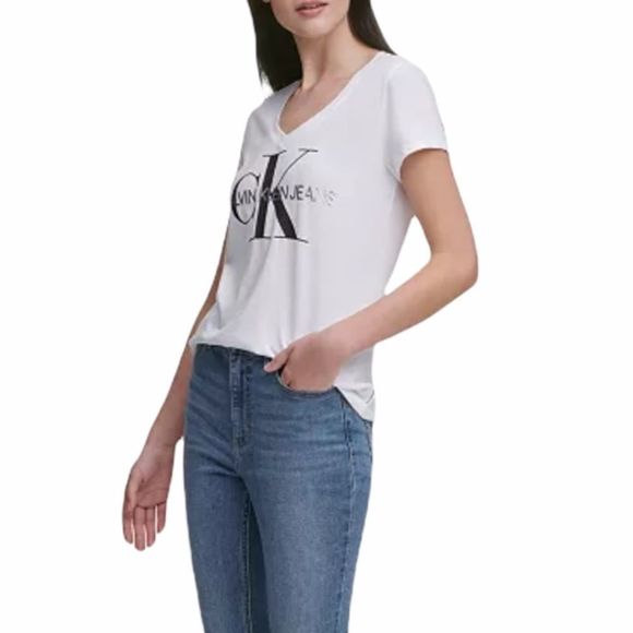NWT Calvin Klein V Neck White Shirt Logo Tee - Picture 2 of 14